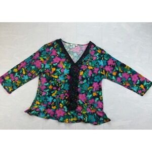 The Pioneer Blouse Top Womens Medium Multi Floral Lace Detail 3/4 Sleeve V-Neck